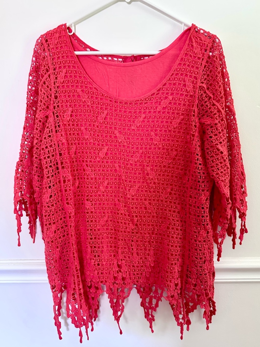 V. Cristina Coral Red Crochet Lace Overlay Top Large Cotton Rayon Boho Fringed